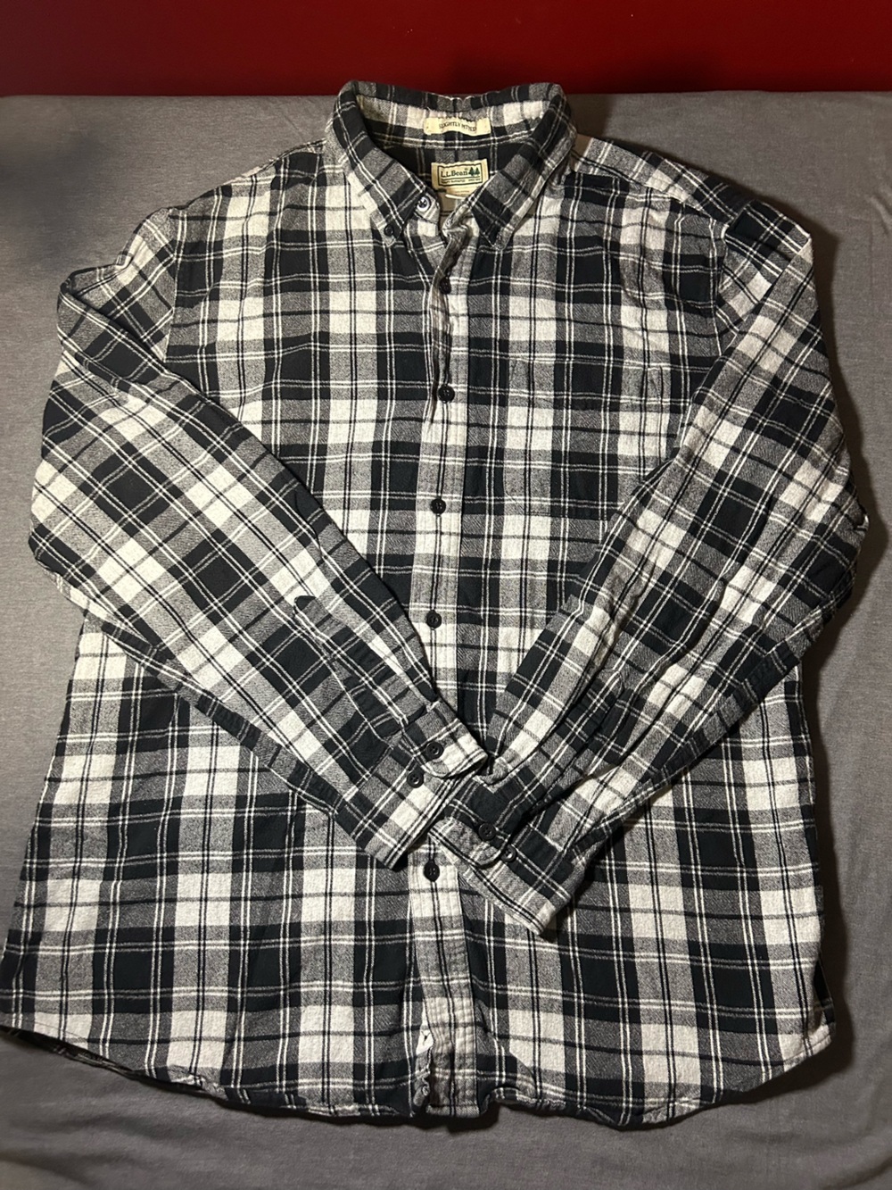 L.L. Bean Black and White Flannel Plaid Button-Down Shirt